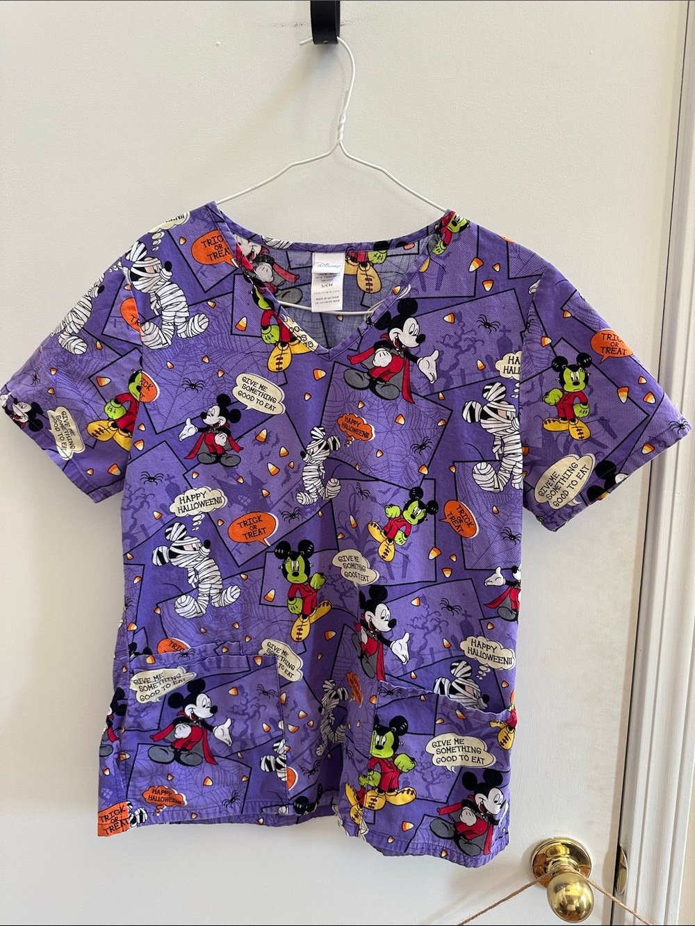 Disney Purple Mickey Mouse Halloween Print Scrub Top